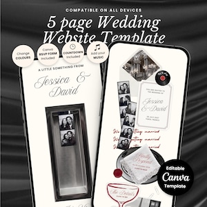 Può includere: Un modello di sito web per matrimoni di 5 pagine visualizzato su due schermi di smartphone. Il design presenta sfondi color crema, testo nero, strisce fotografiche di una coppia ed elementi interattivi come moduli RSVP, conti alla rovescia e opzioni musicali.