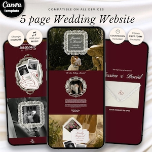 May include: A digital 5-page wedding website template for mobile devices featuring a deep burgundy color scheme, ornate silver frames, and customizable sections including a countdown, RSVP form, and photo galleries with text reading Jessica & David.