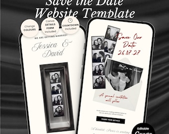 Save-the-Date-Fotobox-Vorlage | Animierte Fotostreifen-Enthüllung | Editorial-Design in Weiß, Schwarz und Burgunderrot | Sofort-Download
