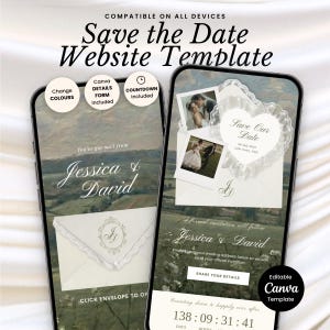 Könnte beinhalten: Eine digitale Save the Date Website-Vorlage auf zwei Smartphones. Die Bildschirme zeigen einen Landschaftshintergrund, Hochzeitsfotos, eine Umschlag-Grafik und Text, darunter Jessica & David, Save our Date und einen Countdown-Timer.