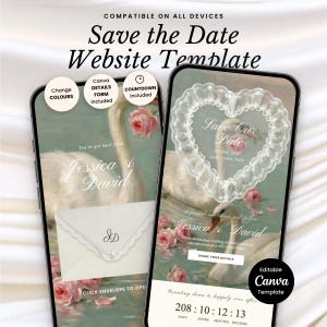 May include: A digital Save the Date website template displayed on two smartphones, featuring a swan and rose painting, a heart-shaped lace frame, and countdown timer. Text includes "Save the Date Website Template", "Jessica & David", and "208 : 10 : 12 : 13".