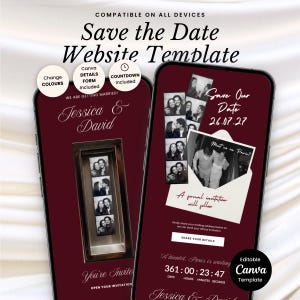 May include: A digital Save the Date website template for mobile devices featuring a deep burgundy background with white text. The design includes photo strips of a couple, the names Jessica and David, the date 26.07.27, and a countdown timer.