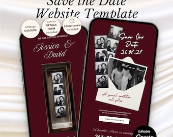 Template per photo booth "Save the Date" / Rivelazione animata delle foto / Sito web di matrimonio moderno in città / Design editoriale bordeaux