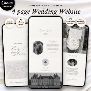 May include: A digital 4-page wedding website template for Canva displayed on three smartphones. The design features a white and black color scheme with elegant typography, an envelope graphic, a couple's photo, and a countdown timer.