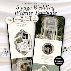 May include: A 5-page wedding website template displayed on two smartphones. The screens show customizable layouts with a swan graphic, photo frames, a countdown timer, and text reading Jessica & David. Features include editable colors, an RSVP form, a countdown, and music integration, all designed as an editable Canva template.