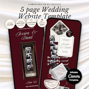 May include: A 5 page wedding website template displayed on two smartphones with a deep red background. The design features text reading Jessica & David, photo strips, a RSVP form, a countdown, and music options. It is an editable Canva template.