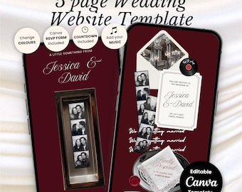 Vorlage für eine Hochzeitswebsite mit Fotobox und Musik | Animierte Fotostreifen-Enthüllung | Moderne RSVP-Seite für Hochzeiten in der Stadt | Redaktionelles Design in Burgunderrot