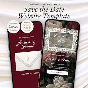 Save the Date Website Template Canva | Interactive Envelope | Burgundy Old Money Floral | Editable Digital Wedding | Instant Download