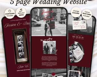 May include: A 5-page wedding website Canva template displayed on three smartphones. The design features a deep burgundy colour scheme, black and white photography, and text elements including "5 page Wedding Website," "Jessica & David," and "We are getting married!" with countdown and RSVP form features.