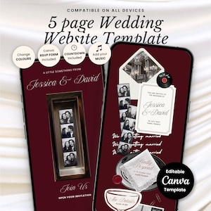 Op de afbeelding: Een 5-pagina trouwwebsite-sjabloon weergegeven op twee smartphones met een diepe bordeauxrode achtergrond. Het ontwerp bevat tekst zoals Jessica & David, RSVP en The Details, naast fotostrips, een vinylplaat en kanten accenten.