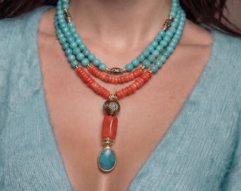 Turquoise Coral Multi Strand Statement Necklace, Boho Layered Ethnic Jewelry