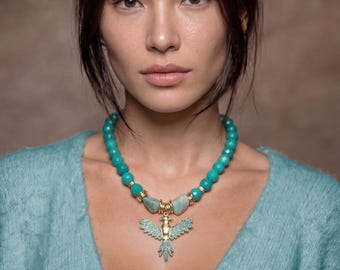 Turquoise Beaded Phoenix Pendant Necklace, 22K Gold Plated Statement Jewelry