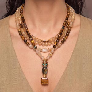 Tiger Eye & Citrine Layered Gemstone Necklace, Boho Statement Jewelry, Healing Crystal Gold Plated Beaded Gift for Her