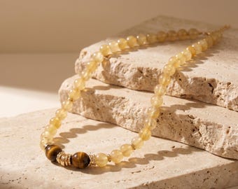 Gouden citrienketting met tijgeroog als middelpunt, natuursteen 22 kt vergulde sieraden