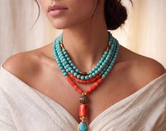 Turquoise Coral Multi Strand Statement Necklace, Boho Layered Ethnic Jewelry