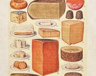 May include: A cream-colored textile print titled CHEESE featuring twenty numbered illustrations of various cheese types, including wheels, wedges, and blocks in shades of yellow, orange, brown, and white, with a legend at the bottom listing names.
