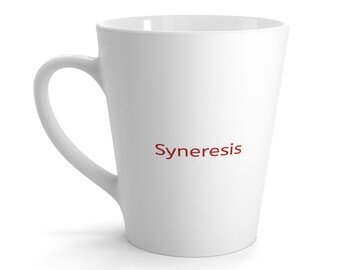 May include: A white ceramic latte mug with a curved handle. The mug has a tapered design and features the word "Syneresis" printed in red on the side. The mug is suitable for hot or cold beverages.