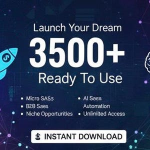 Może przedstawiać: Grafika cyfrowa z tekstem "Launch Your Dream" i "3500+ Ready To Use". Po lewej stronie znajduje się grafika niebieskiej rakiety, a po prawej grafika mózgu. Obraz zawiera również słowa "Micro SASs", "B2B Saes", "Niche Opportunities", "AI Sees Automation" i "Unlimited Access".