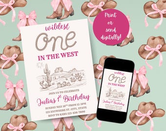 Wildest One in the West Birthday Invitation | Cowgirl First Birthday Invite | Western Girl 1st Birthday Invitation | Editable Canva Template