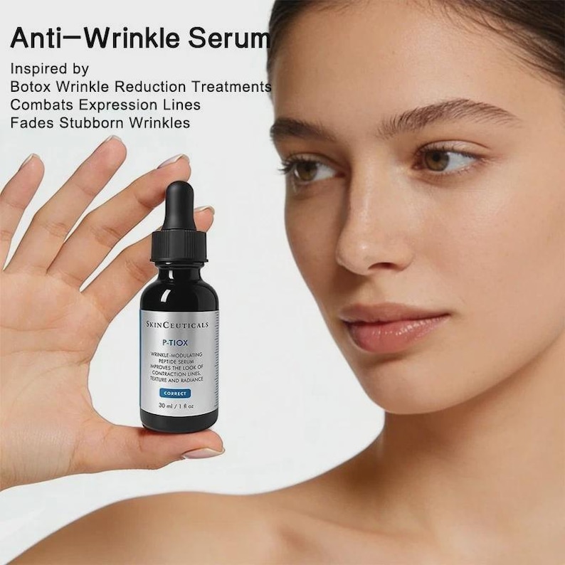 May include: A black bottle of SkinCeuticals P-TIOX anti-wrinkle serum. The bottle has a dropper and a label with product information. The text on the label includes "Wrinkle Modulating Peptide Serum" and "Correct". The bottle contains 30 ml / 1 fl oz.