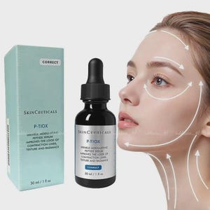 May include: A skincare product display featuring a black bottle with a dropper and a light blue box. The bottle and box are labeled "P-TIOX" and "SkinCeuticals." The product is a wrinkle-modulating peptide serum. A woman's face is shown with arrows indicating areas of application.
