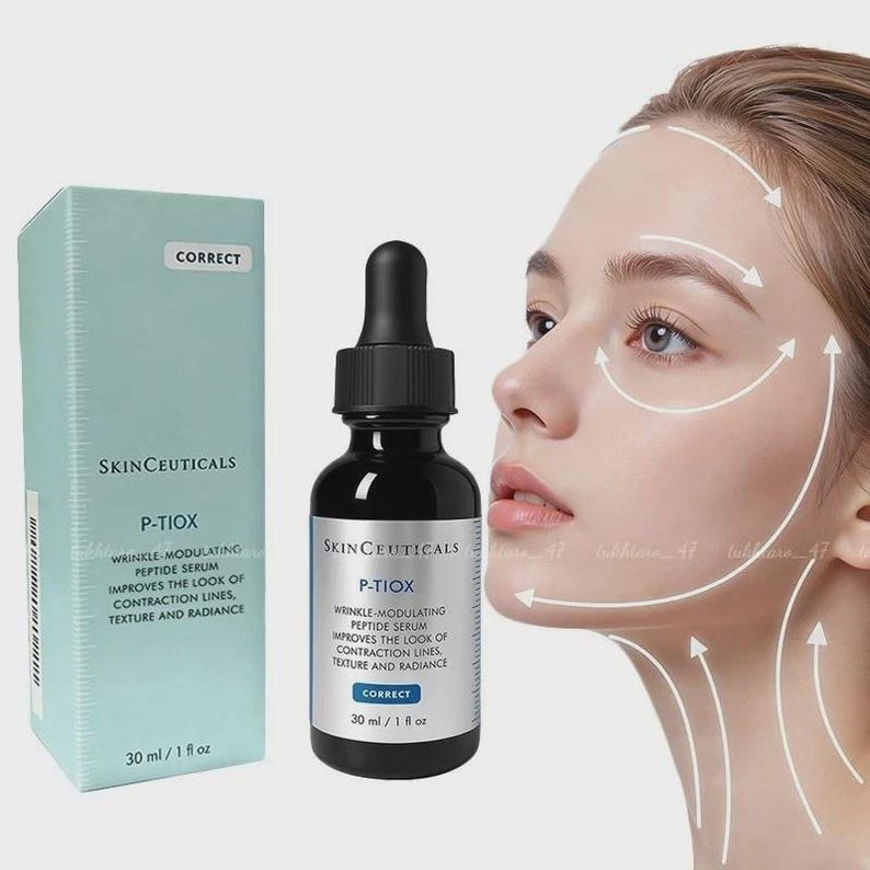 May include: A skincare product display featuring a black bottle with a dropper and a light blue box. The bottle and box are labeled "P-TIOX" and "SkinCeuticals." The product is a wrinkle-modulating peptide serum. A woman's face is shown with arrows indicating areas of application.