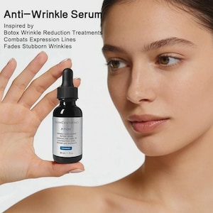 May include: A black bottle of SkinCeuticals P-TIOX anti-wrinkle serum. The bottle has a dropper and a label with product information. The text on the label includes "Wrinkle Modulating Peptide Serum" and "Correct". The bottle contains 30 ml / 1 fl oz.