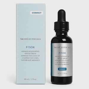 May include: A black glass bottle of SkinCeuticals P-Tiox wrinkle-modulating peptide serum with a dropper. The bottle is next to a light blue box with the same product information, including the text "Correct" and "30 ml / 1 fl oz."