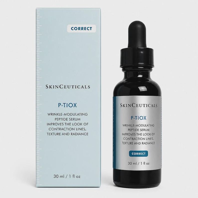 May include: A black glass bottle of SkinCeuticals P-Tiox wrinkle-modulating peptide serum with a dropper. The bottle is next to a light blue box with the same product information, including the text "Correct" and "30 ml / 1 fl oz."