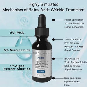 May include: A black SkinCeuticals P-TIOX wrinkle-modulating peptide serum bottle with a dropper. The label includes text about improving the look of contraction lines, texture, and radiance. The bottle contains 30 ml / 1 fl oz of serum.