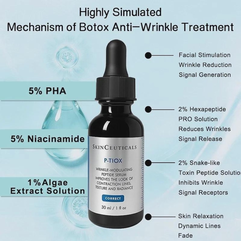May include: A black SkinCeuticals P-TIOX wrinkle-modulating peptide serum bottle with a dropper. The label includes text about improving the look of contraction lines, texture, and radiance. The bottle contains 30 ml / 1 fl oz of serum.