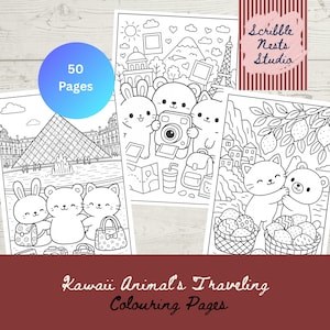 May include: Three coloring pages with kawaii animal illustrations and travel themes. One page shows animals in front of the Louvre, another in front of the Eiffel Tower, and a third with a lemon tree. The pages are labeled "50 Pages" and "Kawaii Animals Traveling Colouring Pages".