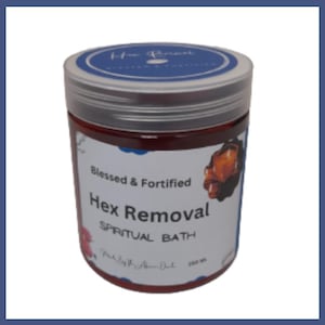 May include: A clear jar with a silver lid and a blue label on top. The jar contains a reddish liquid and has a label that reads "Hex Removal Spiritual Bath". The label also includes the text "Blessed & Fortified".