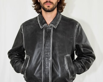 Distressed zwart leren boxy bomberjack