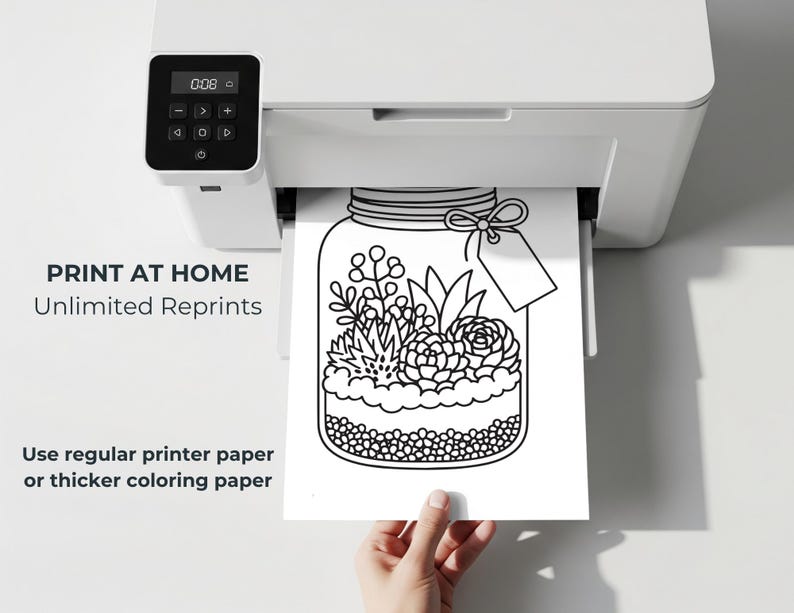 Printable coloring page being printed at home showing easy at home use