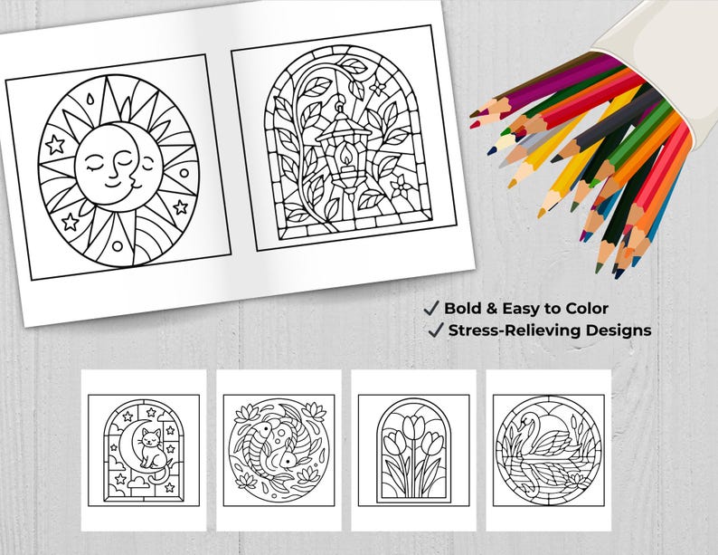 Example coloring pages with bold clean lines designed for easy and relaxing coloring
