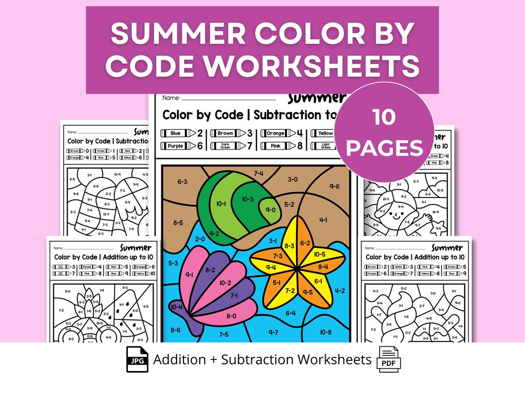 Summer Math Printable Summer Color by Code Worksheets Kindergarten | Addition Subtraction ...
