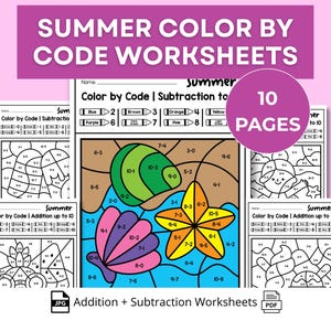 Couleurs estivales par code : Feuilles de travail Maternelle | Additions et soustractions à colorier | Mathématiques d'été à imprimer | Activité pour l'école à la maison PDF