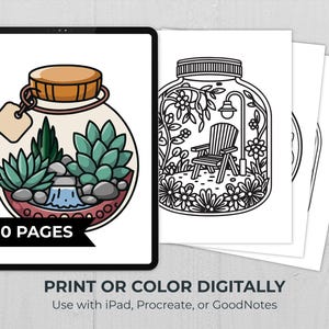 Tablet preview showing digital coloring option for terrarium coloring pages on iPad