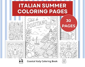 Puede incluir: Una colección de páginas para colorear en blanco y negro con temas de verano italiano. La página central muestra el texto Saluti da Positano, un faro, veleros y un paisaje costero. Otras páginas muestran botellas de aceite de oliva y una langosta.