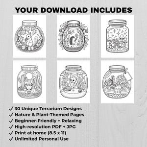 Grid of terrarium coloring pages featuring nature scenes, animals, and plant jar illustrations