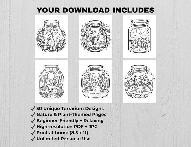 Grid of terrarium coloring pages featuring nature scenes, animals, and plant jar illustrations