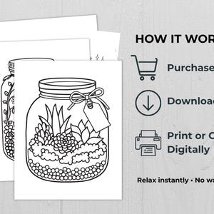 Printable terrarium coloring page showing plant jar with detailed line art for relaxing coloring