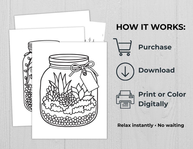 Printable terrarium coloring page showing plant jar with detailed line art for relaxing coloring