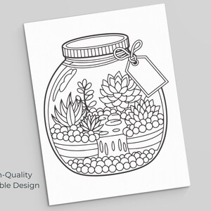 Close up of terrarium jar coloring page with detailed plant and stone elements