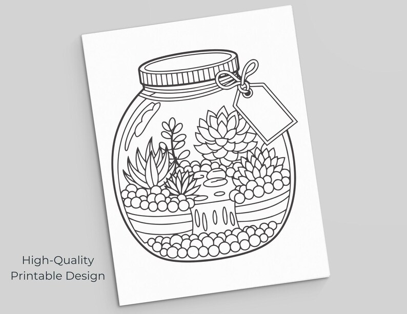 Close up of terrarium jar coloring page with detailed plant and stone elements