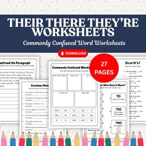 Peut inclure: Un ensemble de 27 fiches pédagogiques intitulées Their There They're Worksheets, proposant des exercices sur les mots couramment confondus. Les pages incluent des activités de grammaire, de tri et des questions à trous en noir sur blanc.