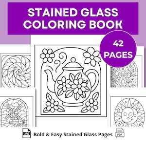 Desenhos de vitrais fáceis de colorir para imprimir | Livro de colorir simples e vibrante para adultos | 42 páginas relaxantes para colorir em PDF
