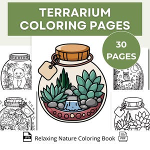 Terrarium jar coloring pages cover with plant designs and 30 page digital download bundle preview