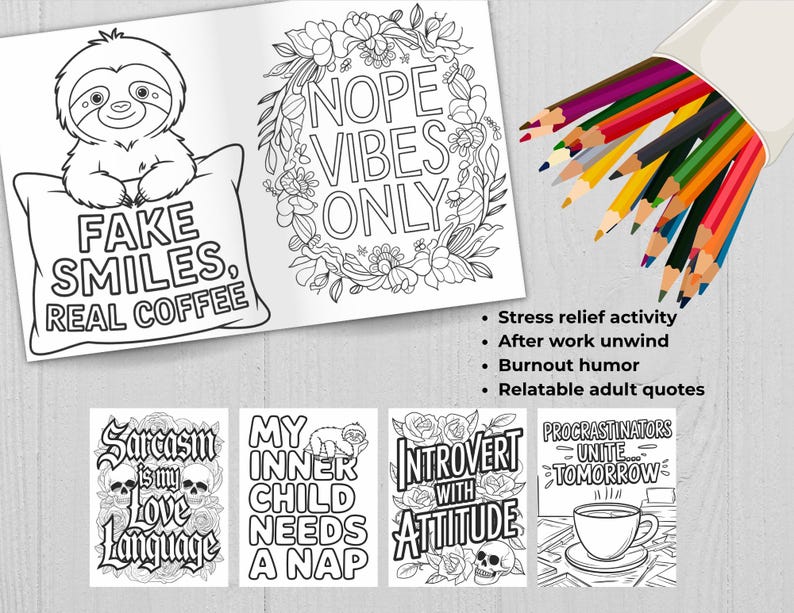 stress relief adult coloring pages sarcastic humor burnout relaxation activity printable
